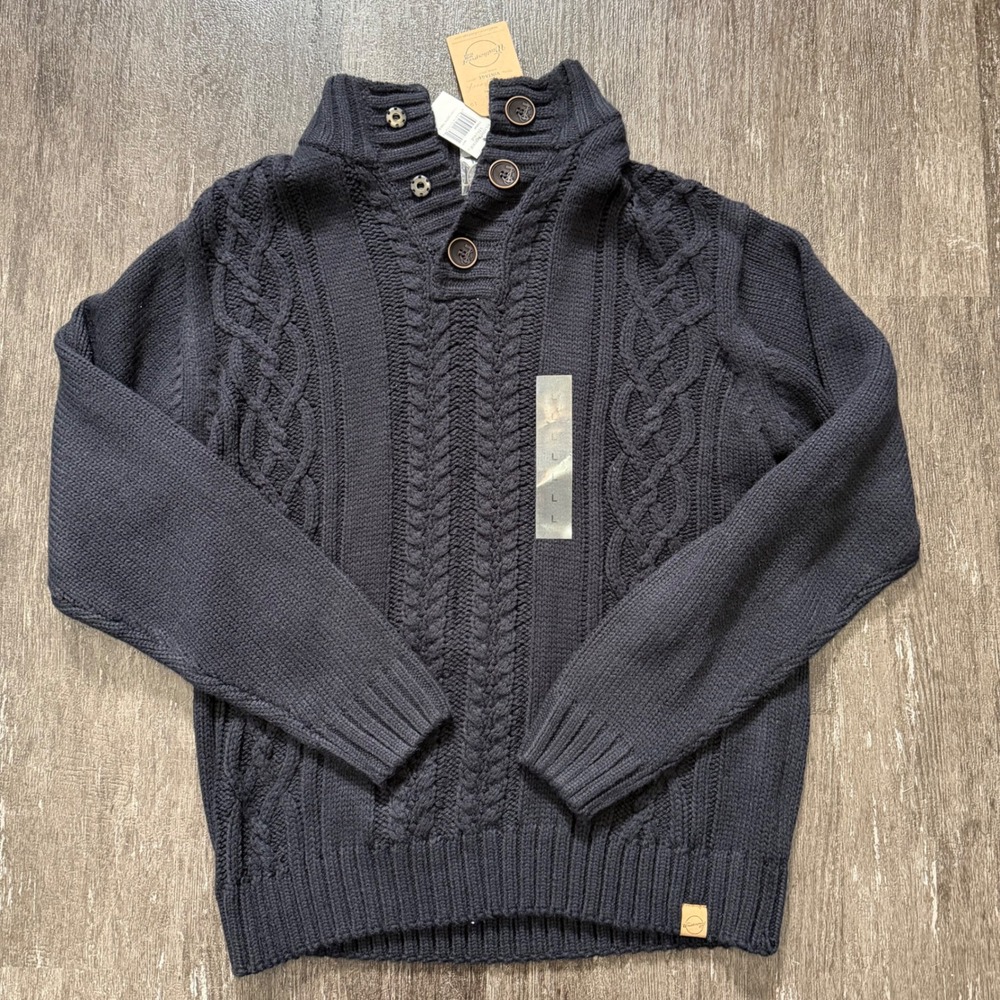 Weatherproof Vintage Men Navy Blue Cable Knit Mock Neck Button Sweater Large